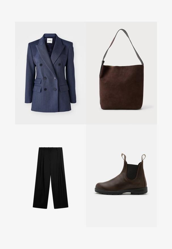 Navy blue double-breasted blazer with pinstripes, notched lapels, front pockets, and black buttons, featuring a tailored fit and structured shape.; Olive green knitted cardigan with a V-neck, five button closure, and wide ribbed cuffs and hem. Soft texture and relaxed fit.; Burgundy turtleneck sweater made from soft, stretchy fabric; features long sleeves and a high, rolled collar for added warmth.; Massimo Dutti DARTED - Trousers - black; Brown leather ankle boot with elastic side panels, pull tabs, and textured rubber sole. Features a sleek, rounded toe design.; Brown suede shoulder bag with a smooth texture and a single adjustable strap; features a minimalist design and subtle branding on the front.