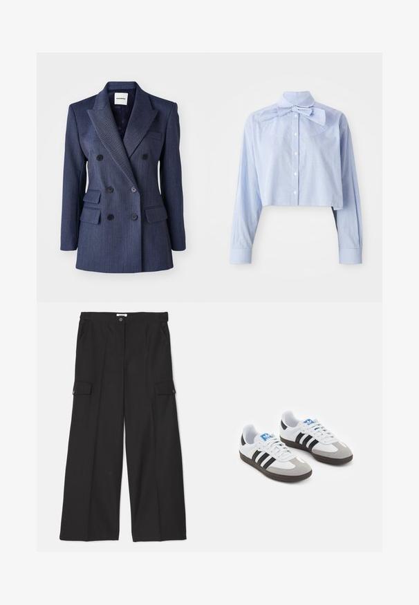 Navy blue double-breasted blazer with pinstripes, notched lapels, front pockets, and black buttons, featuring a tailored fit and structured shape.; Light blue and white small check cropped blouse with long sleeves, button front, high collar, and large bow tie detail.; Black wide-leg trousers made from a smooth, durable fabric. Features front pockets and two cargo pockets with button closures.; Sport shoes with a white leather upper, gray suede toe, and three black stripes. Features a blue logo on the tongue and a textured rubber sole.