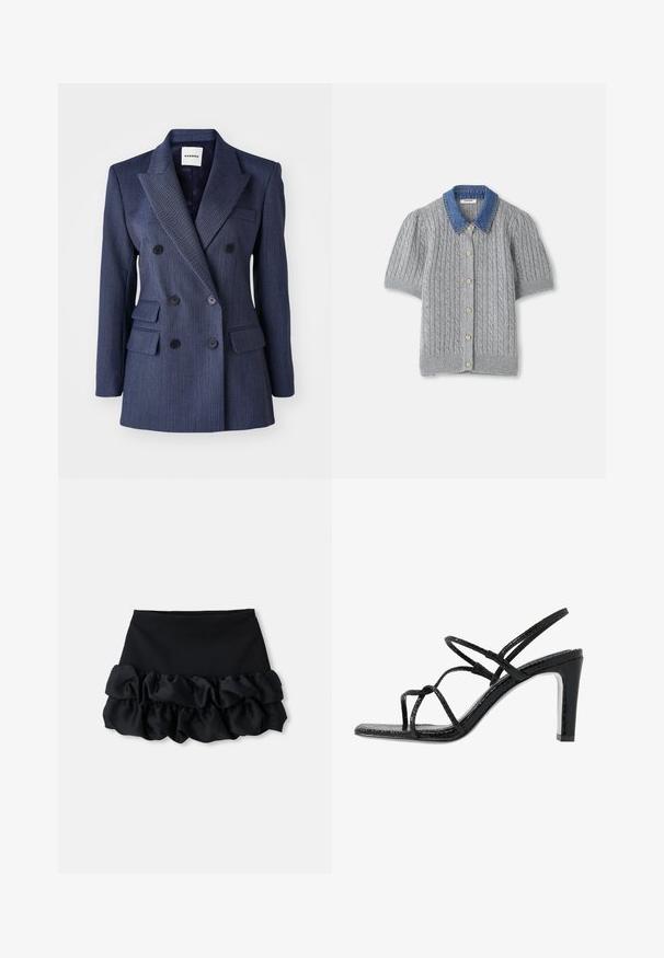 Marineblauwe dubbelgevoerde blazer met streepjes, met klepjes, voorzakken en zwarte knopen, met een op maat gemaakte pasvorm en gestructureerde vorm.; Grijze gebreide kortärmsgilet met een kabelpatroon, voorzien van een denim kraag en vijf gouden knopen aan de voorkant.; Zwarte mini-jurk met een aansluitende top en drie lagen ruches aan de onderkant, met een gladde textuur en strakke lijnen.; Zwarte hoge sandalen met dunne banden, een gestructureerde afwerking, open teen en een slank, puntig hakontwerp. Beschikt over een gladde inlegzool en een glanzend oppervlak.