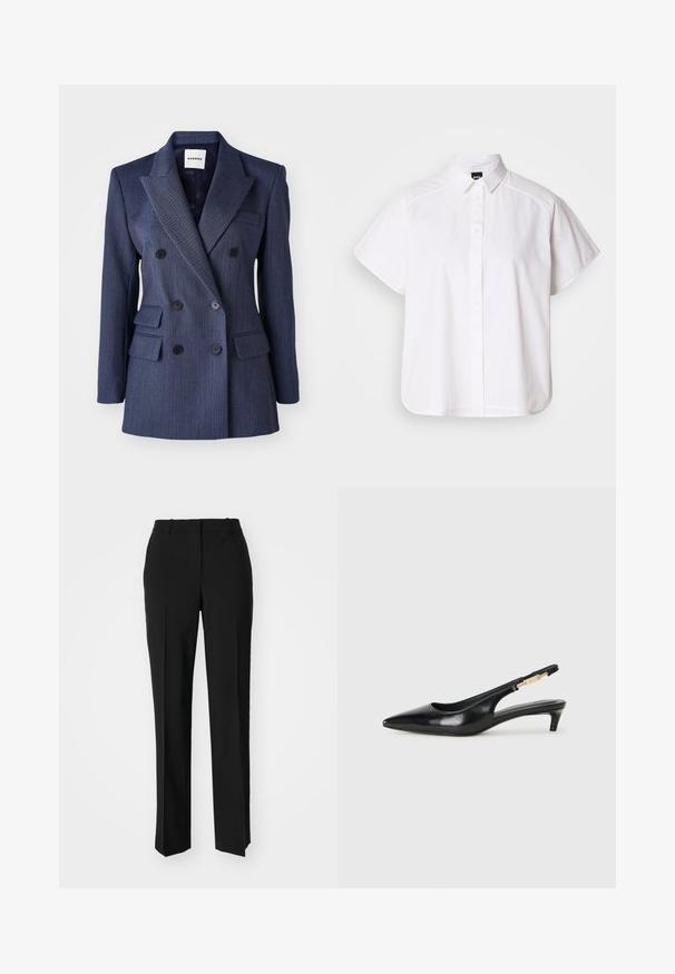 Marineblaue, doppelt geknöpfte Blazerjacke mit Nadelstreifen, Revers, vorderen Taschen und schwarzen Knöpfen, die eine taillierte Passform und eine strukturierte Silhouette bietet.; Weißes kurzärmliges Hemd mit Knopfleiste, spitzem Kragen und abgerundetem Saum. Hergestellt aus Baumwolle mit glatter Textur und ohne sichtbare Muster.; Schwarze, taillierte Hose mit geradem Bein, aus einem glatten Stoff und mit klaren Falten an der Vorderseite. Keine sichtbare Hardware.; Schwarze Leder-Slingback-Pumps mit spitzem Schuhblatt, ausgestattet mit einem schlanken Absatz und einem goldfarbigen Akzent am verstellbaren Riemen. Glatte Textur.
