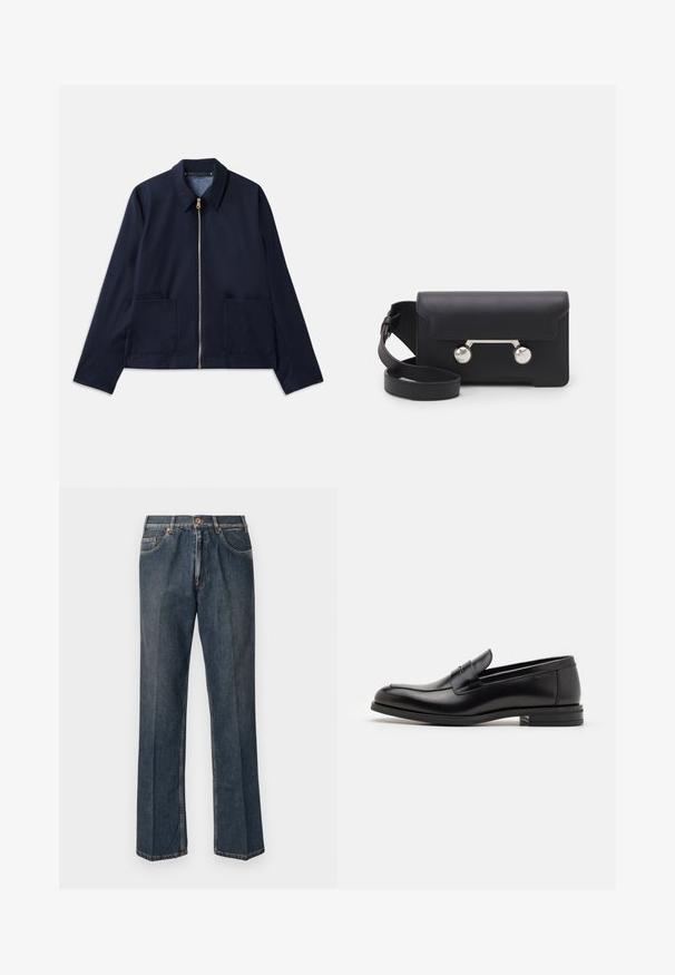 Navy blue jacket featuring a zip closure, pointed collar, and two front pockets. Smooth fabric with a tailored, cropped design. Gold hardware accents.; Cream-colored knit sweater with a polo collar, ribbed cuffs, and hem, featuring a front placket and soft texture.; Navy blue short-sleeve T-shirt with white text "neanche per sogno" centered on the chest, crew neck, medium size.; Dark blue straight-leg denim jeans with front button, zip fly, double front pockets, and visible vertical creases down the legs.; Black leather loafers with a smooth texture, rounded toe, and a decorative strap across the vamp. Low stacked heel, minimalist design.; Black leather crossbody bag with a flap closure, silver-tone hardware, and two round accents. Features a detachable strap. Smooth texture.