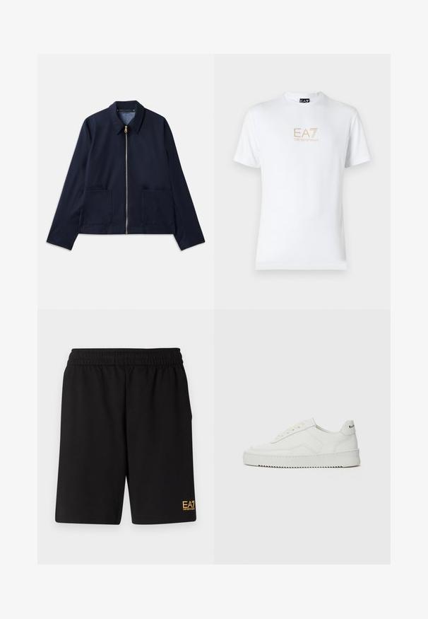 Námorně modrá bunda s zipovým zapínáním, špičatým límcem a dvěma předními kapsami. Hladká tkanina s upraveným, zkráceným střihem. Zlacené kovové detaily.; Bílé bavlněné tričko s kulatým výstřihem a krátkým rukávem, na přední straně s potiskem zlatého loga EA7 Emporio Armani.; Černé sportovní šortky vyrobené z měkké látky, s elastickým pasem a malým žlutým logem EA7 na dolní části levé nohy.; Bílé kožené tenisky s hladkým povrchem, kulatou špičkou, plochými tkaničkami a texturovanou podrážkou. Na patě se nachází nenápadné logo.