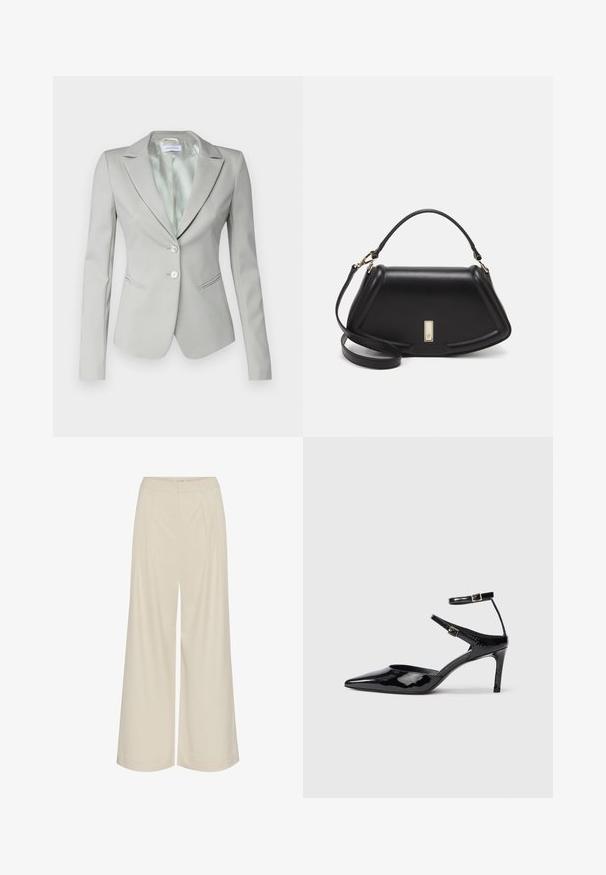 Lichtgrijze op maat gemaakte blazer met een notch kraag, twee zilveren knopen, zijzakken en een gladde binnenvoering. Heeft een getailleerde silhoutet.; Witte katoenen t-shirt met korte mouwen, ronde halslijn en een ontspannen pasvorm. Gladde textuur, geen patronen of accenten, minimalistisch ontwerp.; Wijdbenige broeken van een lichtbeige stof, met plooien, een hoge taille en een gladde textuur zonder zichtbare versieringen.; Zwarte laarzen van gepatenteerd leer met een spitse neus, verstelbare enkelbandjes en een slanke hak. Gladde textuur met een glanzende afwerking.; Zwarte leren handtas met een gestructureerd ontwerp, featuring een verkorte vorm, bovenhandvat en gouden hardwareaccent. Inclusief verstelbare schouderband.