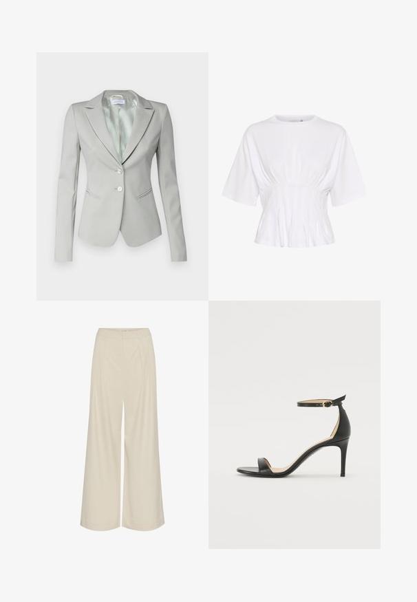 Világosszürke, szabott blézer, hajtókás gallérral, két ezüstgombbal, oldalsó zsebekkel és sima béléssel. Kihangsúlyozott, formázott fazon jellemzi.; Fehér, rövid ujjú felső, puha anyagból készült, kerek kivágással és deréknál gyűrődésekkel a testhez simuló megjelenés érdekében.; Széles szárú nadrág, világos bézs színű anyagból, pliszírozással, magas derékkal és sima textúrával, látható díszítések nélkül.; Fekete bőr magassarkú szandál bokapánttal. Simább textúrájú, nyitott orrú és vékony sarkú. Arany színű csat részlet.