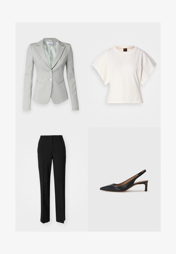 Blazer ajustado cinza claro com colarinho notched, dois botões prateados, bolsos laterais e um forro suave. Apresenta uma silhueta ajustada.; T-shirt branco cropped, mangas curtas e largas, material de algodão suave, decote redondo com um discreto acabamento laranja, design minimalista, sem padrões ou gráficos.; Calças pretas de corte ajustado com um design de perna reta, apresentando uma textura lisa e pregas bem definidas na frente. Sem hardware visível.; Sandal com salto baixo em couro preto, com bico fino e textura suave. Apresenta uma tira ajustável fina para um ajuste seguro.