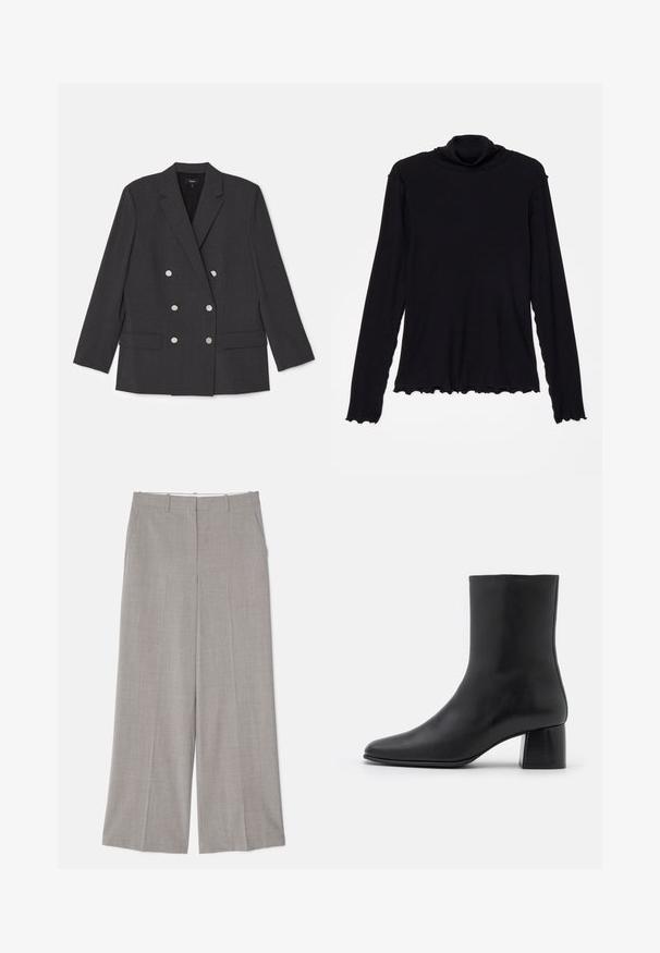 Dwurzędowa marynarka w ciemnoszarym materiale, z kołnierzem z klapkami, dwiema przednimi kieszeniami i sześcioma guzikami w srebrnym odcieniu. Gładka tekstura.; Rodebjer - Bluzka z długim rękawem; Jasnoszare spodnie w szerokim kroju, wykonane z gładkiego, teksturowanego materiału. Posiadają boczne kieszenie oraz dopasowany fason z prostym krojem.; Czarne skórzane botki za kostkę z ostrym noskiem i masywnym kwadratowym obcasem. Gładka faktura z bezszwowym designem i minimalnym przeszyciem.