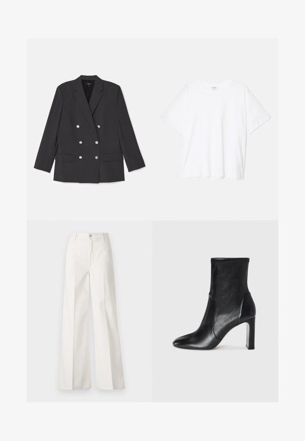 Sacou dublu din stofă gri închis, cu guler cu colțuri, două buzunare frontale și șase nasturi argintii. Textură netedă.; Tricou alb din bumbac, cu mâneci scurte, guler rotund, croi lejer și tiv cusut. Eticheta este vizibilă pe interiorul gulerului.; Pantaloni albi cu picioare largi, confecționați din bumbac cu o textură fină. Prezintă un buton în față, fermoar și un design cu patru buzunare.; Botine negre din piele până la glezna, cu un design elegant, vârful ascuțit și toc înalt tip bloc. Prezintă o textură netedă și detalii de cusătură minimalistă.