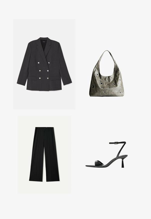 Dvojradový blejzer v tmavosivej látke, so zárezovým golierom, dvoma prednými vreckami a šiestimi striebornými gombíkmi. Hladká textura.; Čierny dlhý rukáv skrátený top s okrúhlym výstrihom, jednofarebný dizajn a mierne zakrivený lem.; Bershka WIDE - Nohavice - black; Bershka Sandále na vysokom opätku - black; Olive zelená kožená kabelka so spadnutým dizajnom, obsahujúca rôzne veľkosti kruhových výrezov a akcenty v tmavších a svetlejších odtieňoch.