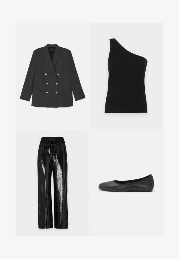 Double-breasted blazer in dark gray fabric, featuring a notched collar, two front pockets, and six silver-tone buttons. Smooth texture.; One-shoulder black ribbed tank top with a fitted design and soft texture. Features a clean, minimal cut and smooth neckline.; Black sequined pants with a wide-leg cut and elastic waistband featuring a drawstring. The fabric has a reflective, shiny texture.; Black leather ballet flat with a rounded toe, smooth texture, minimal stitching detail, and a flexible sole design.