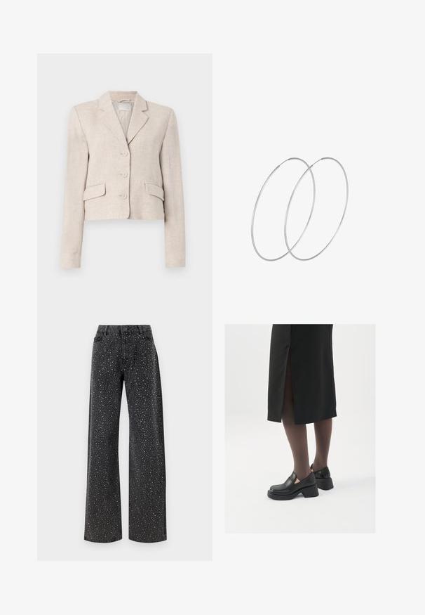 Bežs lina žakets ar pieguļošu griezumu, ar iegrieztiem lakatiem, trīs pogu aizdari un divām priekšējām kabatām. Gluda tekstūra ar smalku auduma struktūru.; Melnā bodija ar garām piedurknēm, piedāvā ar caurspīdīgu V-veida kakla izgriezumu un savāktu plecu detaļu. Gluda auduma, ar pieguļošu formu.; Noisy May NMJANNEL LOOSE - Brīva piegriezuma džinsi - black denim; Melni ādas apavi ar noapaļotu purngalu, biezām bloku papēžiem un elastīgiem sānu akcentiem, apvienoti ar tumšām zeķubiksēm un melnu svārku ar šķirbu.; Sudraba gredzenveida auskari ar minimālistisku dizainu. Cirkulāra forma, gluda tekstūra un plāns profils. Vieglu svaru ar spīdīgu apdari.