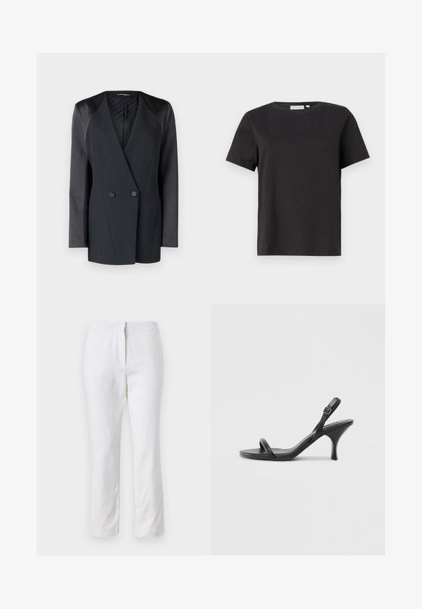 Sacou negru cu două rânduri de nasturi, cu o siluetă structurată, accente de satin la umeri și o căptușeală interioară texturată. Material neted, cu linii clare.; Tricou negru din bumbac, cu mâneci scurte, de tip crew neck, cu un design simplu și curat. Fără modele sau embellishments vizibile.; Pantaloni din bumbac alb, cu un design drept, având talie medie și fără hardware sau modele vizibile. Textură uniformă pe întreaga suprafață.; Sandale cu toc înalt din piele neagră, cu un toc subțire și curbat și un design cu curea încrucișată. Curea la gleznă ajustabilă. Textură netedă.