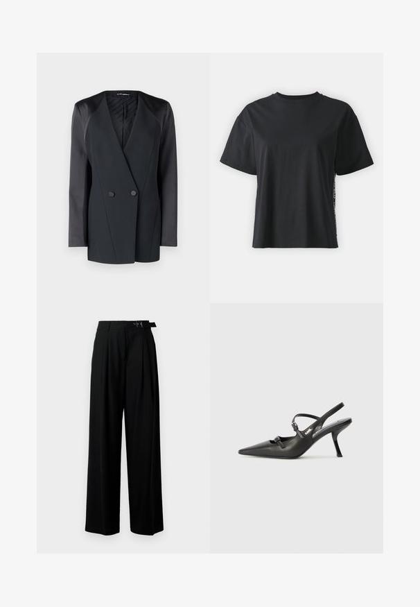 Melns dubultā piegriezuma bleikeris ar strukturētu siluetu, satīna plecu akcentiem un teksturētu iekšējo oderi. Gluda auduma ar tīrām līnijām.; Melna īsām piedurknēm kokvilnas t-kreklu ar brīvu piegriezumu un kontrastējošu sānu paneli, kas satur nelielu tekstu un dizaina detaļas.; Melni plaši bikses ar augsto jostasvītru, priekšā ar krokojiem un jostu ar sprādzi. Izgatavotas no gludas, vieglas auduma.; Melnas ādas slingback papēži ar norādītu purngalu, izsmalcinātu papēdi un dekoratīvu sprādzi uz priekšpuses. Gluda tekstūra un elegants dizains.