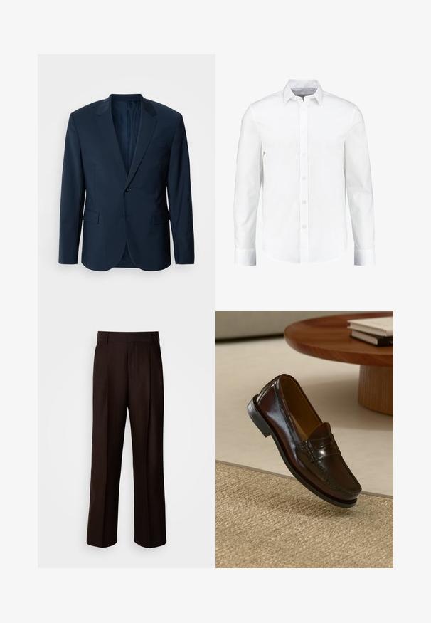 Jūras zila uzvalka žakete ar gludu tekstūru, slaida piegriezuma dizainu, ar vienu pogu aizdari, ar izgrieztām atlokiem un divām priekšējām kabatām.; Balta garām piedurknēm pogājamā krekla forma, kas izgatavota no gludas kokvilnas. Iespējo klasisku apkakli un pogu slēgšanu ar taisnu apakšdaļu.; Brūni pielāgoti bikses ar taisna kāja dizainu, ar priekšējo krokot, gludu tekstūru un klasisku jostu. Piemērotas oficiālām valkāšanai.; Brūni ādas loafers ar spīdīgu apdari, ar izšitām detaļām frontē un zemu melnu gumijas zoli.