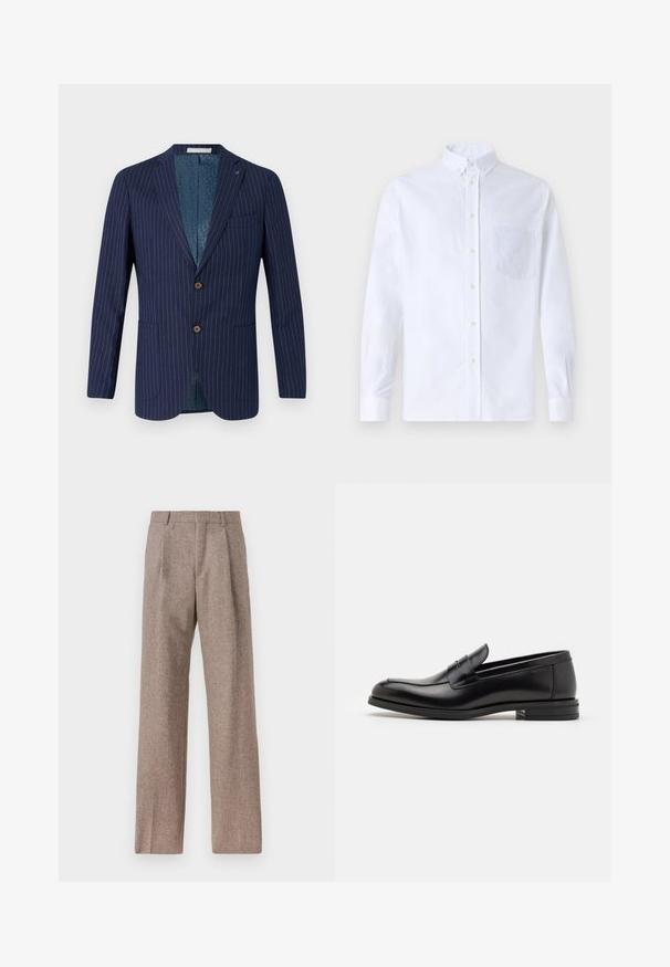 Tumes sinine triibuline bleiser kahe pruuni nupuga, teravate krae ja taskutega; vooderdatud teal sinise mustriga kangaga. Klassikaline kohandatud disain.; Valge pikamaa varrukatega nööbiga särk, mis on valmistatud puuvillast ja millel on rinna tasku toon-toonis brodeeringuga, krae ja nööbiga mansetid.; Prunnid, kõrge vöökohaga püksid, mis on valmistatud tekstureeritud kangast. Omavad laiu jalgu ja kahte eesmist voldikut struktuuri jaoks. Korralik viimistlus, ilma nähtava riistvarata.; Mustad mustad nahast loafers sileda tekstuuriga, ümarat ninaosa ja dekoratiivne riba vampi üle. Madal kihiline konts, minimalistlik disain.