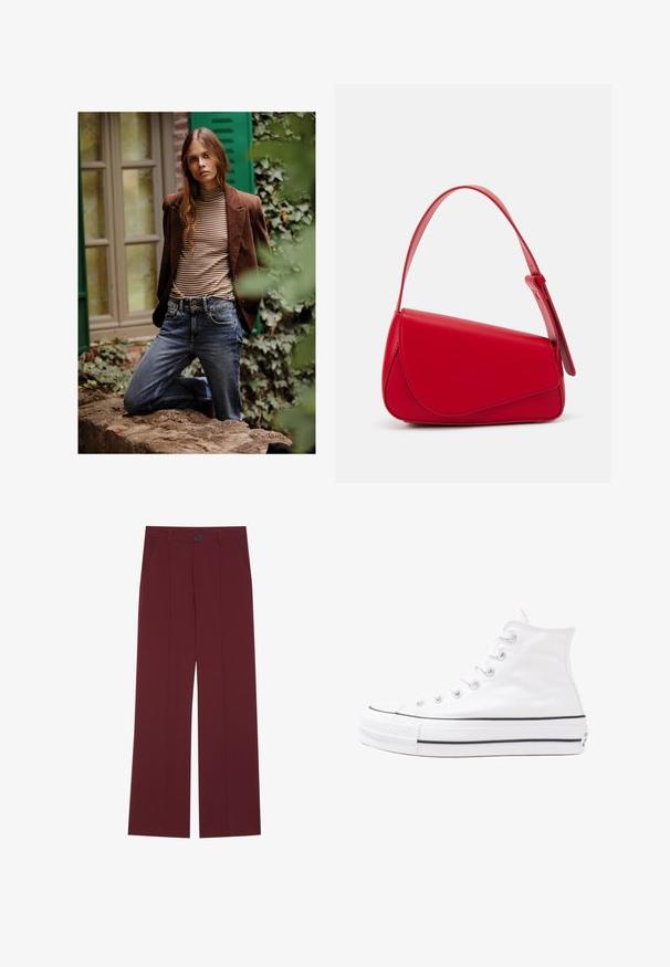 Καφέ σακάκι από κοτλέ πάνω από ένα ριγωτό τερτίπ, συνδυασμένο με μπλε τζιν παντελόνι. Το μοντέλο ποζάρει σε μια επιφάνεια από πέτρα με πλούσια βλάστηση στο φόντο.; Λουλουδάτη μπλούζα με μακριά φουσκωτά μανίκια, σε απαλό κρέμ χρώμα, που διαθέτει μωβ, πορτοκαλί και πράσινα λουλουδάτα μοτίβα, καθώς και κλασικό σχέδιο γιακά.; Μπορντό παντελόνι με φαρδιά καμπάνα, διαθέτει κουμπί κλεισίματος, δύο πλαϊνές τσέπες και πιέτες στο μπροστινό μέρος. Λείο υλικό.; Λευκό ψηλό καμβαδάκι αθλητικό παπούτσι με μαύρη καουτσούκ σόλα, πρόσθιο καουτσούκ καλύμματος δακτύλου και έξι οπές για κορδόνια, με μια καθαρή και μίνιμαλ σχεδίαση.; Κόκκινη δερμάτινη τσάντα χειρός με γωνιακό, γεωμετρικό σχέδιο. Διαθέτει έναν ρυθμιζόμενο ιμάντα και κλείσιμο με καπάκι που έχει ραφές.