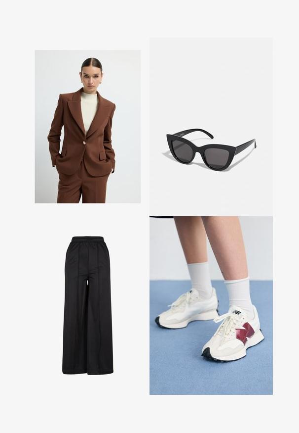 Blazer marron ajusté avec des revers nets, fermeture à un bouton et poches latérales, associé à un haut crème côtelé. Texture lisse.; T-shirt blanc, coupé, en tissu côtelé. Il présente des manches courtes avec des bords effilochés et un col rond avec un détail froncé.; Pantalon large noir avec une taille élastique, en tissu lisse et avec des détails de couture visibles. Présente une silhouette ample et fluide.; Une paire de baskets blanches avec des accents bordeaux, des panneaux texturés, une semelle noire plate et des lacets légers, portées avec des chaussettes blanches mi-mollet.; Lunettes de soleil noires en forme d'œil de chat avec une finition mate, dotées de verres teintés gris, d'angles aigus et de branches élégantes. Nom de la marque visible sur la branche intérieure.