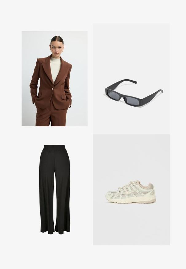 Brauner taillierter Blazer mit scharfen Revers, Ein-Knopf-Verschluss und seitlichen Taschen, kombiniert mit einem gerippten cremefarbenen Oberteil. Glatte Textur.; Converse FOREST ART TEE - T-Shirt print - black; Schwarze weit geschnittene Hose mit vertikal geripptem Textur und elastischem Hohe Taille. Verfügt über seitliche Taschen und ein fließendes Stoffdesign.; Hellbeige Sportschuh mit Mesh-Einsätzen und gedämpfter Sohle. Er verfügt über einen Schnürverschluss, eine abgerundete Zehenpartie und goldene Akzente an der Seite.; Schwarze rechteckige Sonnenbrillen mit dunklen Gläsern und dicken matten Rahmen. Die Bügel sind leicht verjüngt und haben eine glatte Oberfläche.