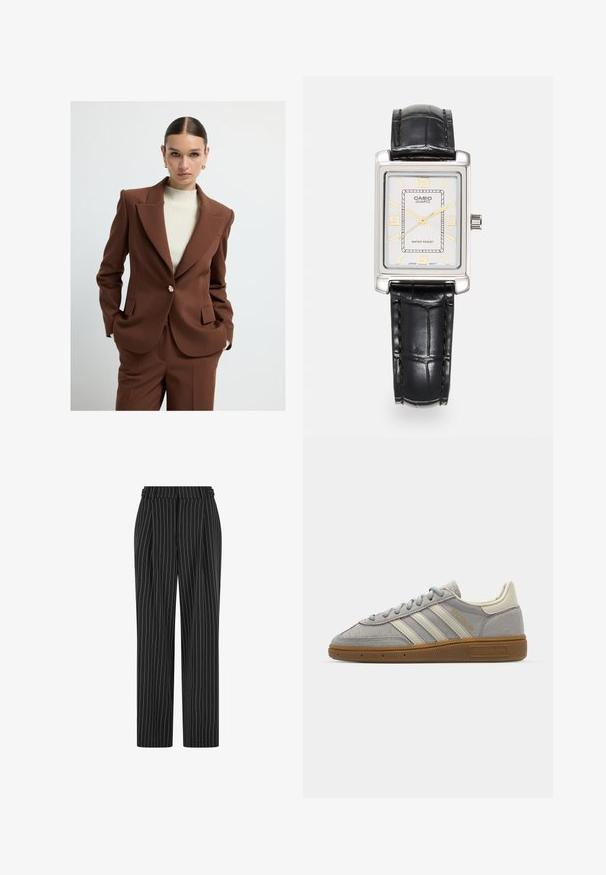 Blazer marrone su misura con revers affilati, chiusura con un bottone e tasche laterali, abbinato a un top crema a coste. Tessuto morbido.; Canotta bianca a coste, con spalline larghe e un design aderente, abbinata a pantaloni neri a vita alta e una cintura nera.; Pantaloni neri a righe con vita alta, frontale plissettato e design dritto. Il tessuto appare texturizzato e su misura per un look formale.; Sneakers in suede grigio con strisce in pelle grigia chiara e suola in gomma color gomma. Le caratteristiche includono chiusura con lacci e branding sottile sulla linguetta.; Orologio quadrato al quarzo Casio con quadrante argentato, dettagli dorati, cinturino in pelle nera imperlata e funzione di resistenza all'acqua.