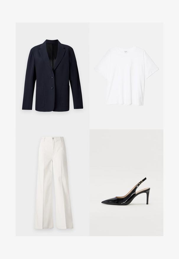 Námořnický blazer s texturovaným vzorem, jednořadým střihem, špičatými klopami, dvěma předními kapsami a dvěma knoflíkovými zapínáními.; Bílý bavlněný tričko s krátkým rukávem, kulatým výstřihem, volným střihem a šitým lemem. Nálepka viditelná na vnitřní straně výstřihu.; Bílé volné kalhoty vyrobené z bavlny s hladkou texturou. Obsahují přední knoflík, zip a design se čtyřmi kapsami.; Černé lakované slingback lodičky s špičatou špičkou, úzkým podpatkem a jemným výřezem. Obsahují zlatou sponu na řemínku.