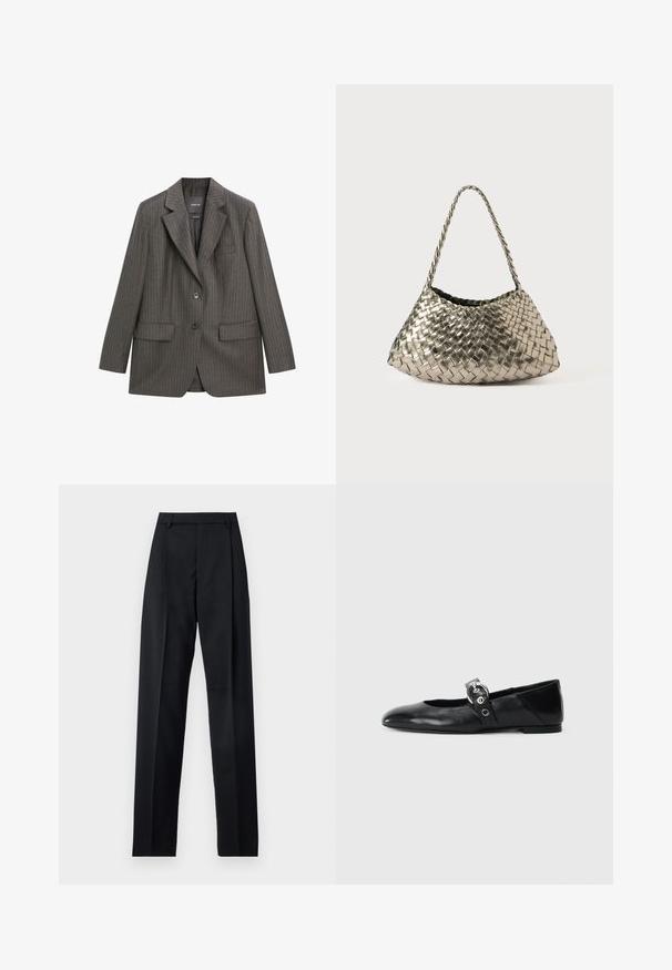 Tailored gray pinstriped blazer made of soft fabric, featuring a notched lapel, two front pockets, and a single button closure.; Black long-sleeve turtleneck sweater with ribbed cuffs and hem, displayed on a plain white background.; Black trousers made from smooth fabric featuring a high waist, wide legs, front pleats, and classic belt loops. No side pockets visible.; Black leather ballet flats with a pointed toe, featuring a strap with a circular metallic buckle and a flat sole.; Metallic woven handbag with a triangular shape, featuring a braided strap and a velvet-lined interior. Color: silver. Texture: smooth and fabric-like.