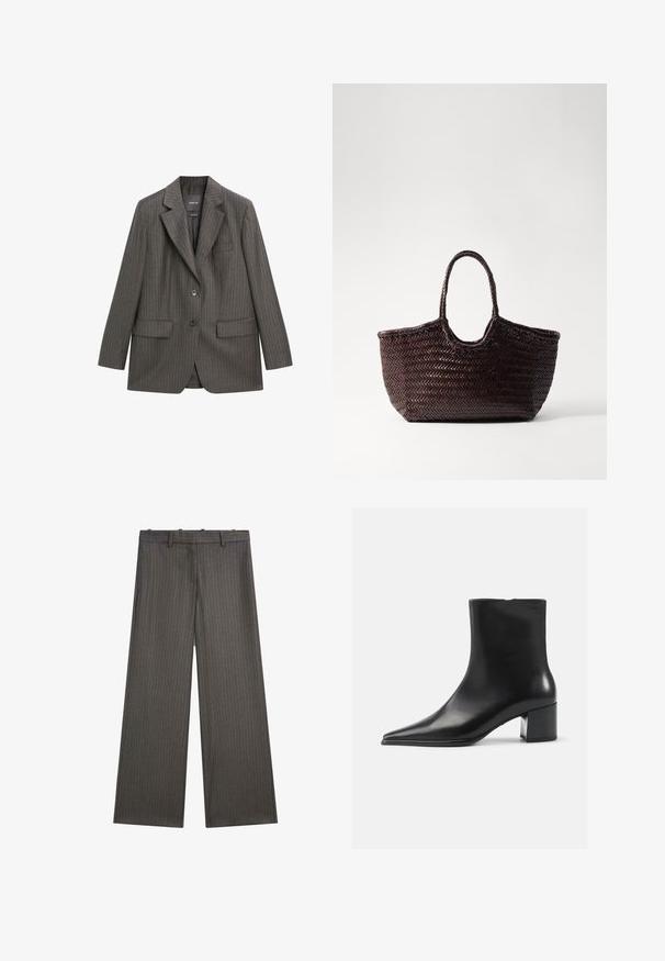 Skrojona szara marynarka w prążki, wykonana z miękkiego materiału, z klapami w kształcie litery V, dwoma przednimi kieszeniami i zapięciem na jeden guzik.; Massimo Dutti - Sweter; Spodnie o szerokich nogawkach w ciemnoszarym kolorze, z subtelnym wzorem w prążki. Wykonane z gładkiego materiału, z płaskim przodem i szlufkami na pasek.; Czarne skórzane botki za kostkę z wydłużonym noskiem, gładką fakturą i średnim obcasem w kształcie słupka. Minimalistyczny design, zamek błyskawiczny z tyłu.; Torebka na ramię w kolorze brązowym, pleciona, z zaokrąglonym wierzchem i dwoma uchwytami. Posiada teksturowany wzór oraz szeroką, otwartą strukturę, co ułatwia dostęp.; Trzy wzajemnie przeplatające się pierścienie wykonane z polerowanego srebra, zdobione licznymi diamentami szlifu kwadratowego osadzonymi w oprawie z zębami.