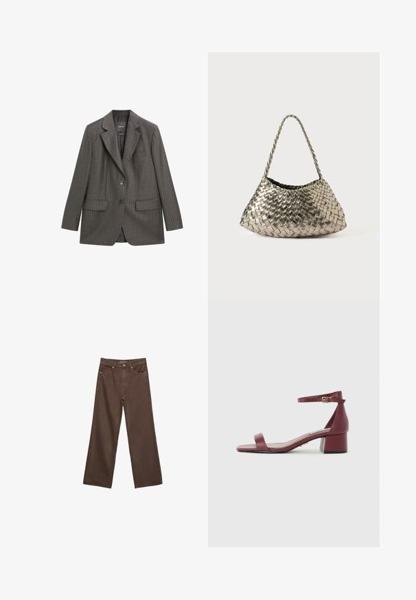 Maßgeschneiderter grauer Nadelstreifenblazer aus weichem Stoff, mit Fransenkraagen, zwei Fronttaschen und einer Ein-Knopf-Verschluss.; Braunes kurzärmeliges T-Shirt aus glattem Stoff, mit rundem Ausschnitt und regulärer Passform, ohne zusätzliche Muster oder Akzente.; Weite braune Jeans aus Denim, mit hoher Taille, Fronttaschen und klassischem Knopfverschluss. Glatte Textur mit feinen Nähten.; Burgunderfarbene Leder-Sandale mit quadratischer Spitze, dünnem Knöchelriemen, goldenen Beschlägen und einem klobigen Blockabsatz. Glatte Textur und minimales Design.; Metallisch gewebte Handtasche in dreieckiger Form, mit einem geflochtenen Träger und einem mit Samt ausgekleideten Innenraum. Farbe: Silber. Textur: glatt und stoffartig.