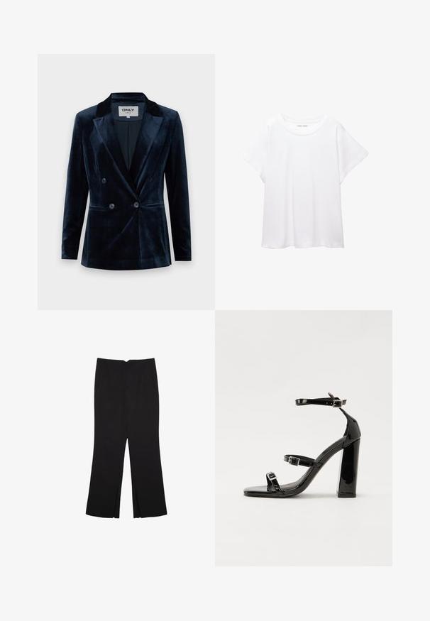 ONLY ONLASTRID ELSY FIT - Blazer - night sky; White T-shirt made of soft, lightweight fabric. Features a round neckline and short, wide sleeves with a relaxed fit. No visible patterns.; Black trousers with a straight fit, featuring front pockets and side slits at the hem. Made of soft, smooth fabric. Suitable for various occasions.; Black patent high-heeled sandals with two buckle straps, square toe, and a chunky block heel, featuring a smooth, glossy texture.