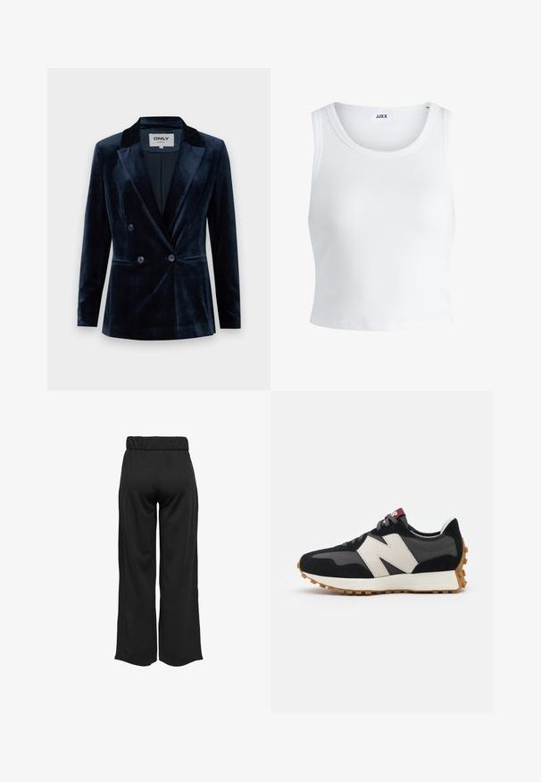 ONLY ONLASTRID ELSY FIT - Bleizeris - night sky; Balta raukšlėta tank top marškinėliai su apvaliu iškirpimu, be rankovių dizainu ir trumpa ilgio. Etiketėje parašyta "JJXX." Lygus audinio paviršius.; Juodos, plačios kelnės su elastinga juosta, pagamintos iš lygaus audinio. Pasižymi švariu dizainu, be kišenių ar matomų siūlių detalių.; Juoda ir pilka zomšinė sportinė avalynė su dideliu kreminiu "N" logotipu, violetinėmis raištelėmis ir tekstūruota gumos padu.