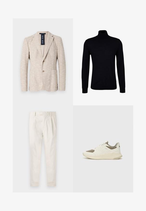 Bež blazer iz teksturiranega materiala, z izrezanim ovratnikom, dvema gumboma in dvema sprednjima žepoma. Blagovna znamka vidna znotraj.; Črna turtleneck pulover iz gladkega pletenega materiala. Ima dolge rokave, prilegajoč vrat ter rebraste manšete in spodnji rob za tesen fit.; Bele, plisirane hlače s krojenim prileganjem, z gladko teksturo, z zankami za pas in ožjimi hlačnicami. Brez vidnih žepov ali vzorcev.; Beli in svetlo bež športni copat, s mrežastim zgornjim delom, perforiranimi detajli in teksturirano srednjim delom z blagovno znamko na peti.