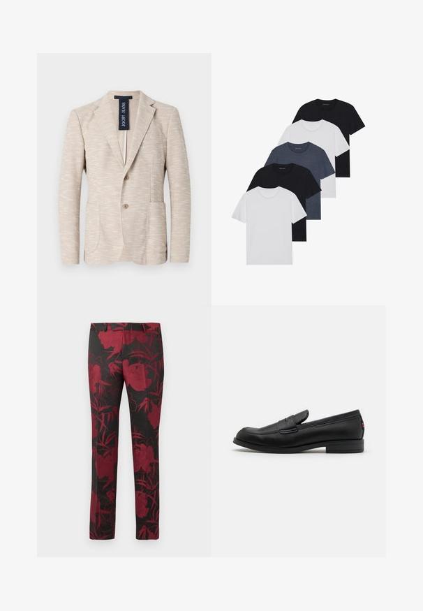 Blazer bege feito de tecido texturizado, com lapela de bico, dois botões e dois bolsos frontais. Etiqueta da marca visível no interior.; Conjunto de cinco t-shirts em preto, branco e azul marinho. Tecido de algodão, mangas curtas, design de gola redonda e textura lisa sem padrões.; Calças pretas com um padrão floral em vermelho escuro, com uma textura suave e um ajuste bem definido. Cintura padrão e design de perna reta.; Mocassim de couro preto com um acabamento suave, bico arredondado e uma pequena aba decorativa. Apresenta um salto baixo em camadas e um detalhe de branding discreto.