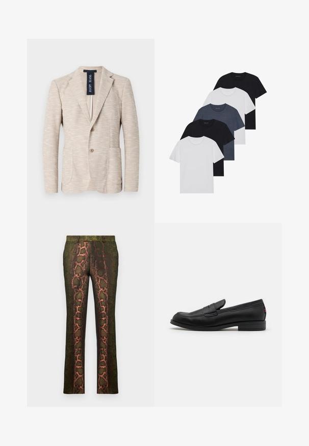 Beige blazer made of textured fabric, featuring a notch lapel, two buttons, and two front pockets. Brand label visible inside.; Set of five t-shirts in black, white, and navy blue. Cotton fabric, short sleeves, crew neck design, and plain texture with no patterns.; Green patterned trousers featuring a snake print design with shades of brown and orange, straight cut, and a smooth texture.; Black leather loafers with a smooth finish, rounded toe, and a small decorative flap. Features a low stacked heel and subtle branding detail.
