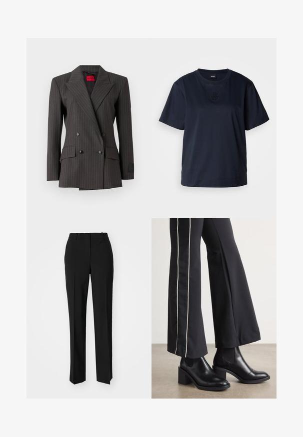 Tmavo šedý dvojradový blejzer s prúžkovaným vzorom. Má veľké klopy, čierne gombíky a bočné vrecká. Vo vnútri je viditeľná etiketa.; Námornícky modré tričko s krátkym rukávom vyrobené z mäkkej bavlny. Obsahuje zaoblený výstrih a jemne vyšité logo na hrudi.; Čierne krajčírské nohavice so strihom rovného nohu, s hladkou textúrou a ostrými skladmi pozdĺž prednej časti. Žiadne viditeľné hardvér.; Čierne kožené členkové topánky s blokovým podpätkom, vybavené elastickými bočnými panelmi. Skombinované s čiernymi nohavicami, ktoré majú biely bočný pruh.