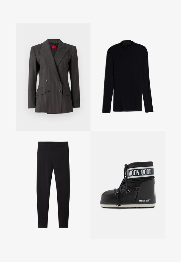 Ciemnoszary dwurzędowy marynarka w prążki. Posiada duże klapy, czarne guziki i boczne kieszenie. Wewnątrz widoczna metka.; Czarny top z długim rękawem i dekoltem w serek, wykonany z miękkiego, gładkiego materiału; dopasowany krój z prostym dołem i bez widocznych szwów.; Czarne legginsy z szerokim, elastycznym pasem w talii. Wykonane z gładkiego, elastycznego materiały, dopasowane do sylwetki, bez widocznych wzorów.; Czarne buty Moon Boot z wyściełanym cholewką, zabezpieczone sznurówkami i charakterystycznym białym paskiem z logo. Gruba, teksturowana gumowa podeszwa.