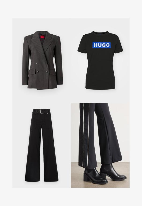Donkergrijs dubbelzijdig blazer met een krijtstreep patroon. Beschikt over grote revers, zwarte knopen en zijzakken. Etiket zichtbaar aan de binnenkant.; Zwarte t-shirt met korte mouwen van katoen, met een grote blauwe rechthoekige grafiek waarop het woord "HUGO" in witte vette letters staat.; Zwarte wijde broek van katoen, met een hoge taille, grote zijzakken en een ceintuur met zilverkleurige accenten.; Zwarte leren enkellaarzen met een blokhak, voorzien van elastische zijpanelen. Gecombineerd met zwarte broeken met een witte zijstreep.