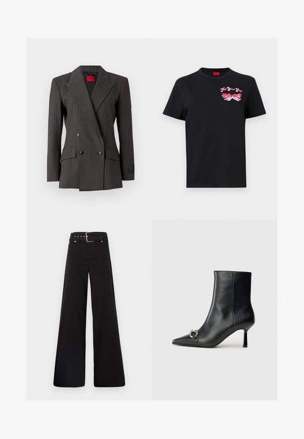 Blazer dublu șiruit de culoare gri închis cu un model cu dungi. Are revere mari, butoane negre și buzunare laterale. Eticheta este vizibilă în interior.; Tricou din bumbac negru cu mâneci scurte, având o grafică roz cu o pereche de ochelari de soare și textul "Not Your Girl" pe zona stângă a pieptului.; Pantaloni negri cu croială largă, confecționați din bumbac, cu talie înaltă, buzunare laterale mari și talie prevăzută cu brâu cu accente din metal argintiu.; Botine negre din piele, cu vârf ascuțit, toc subțire de înălțime medie și detaliu cu cataramă argintie pe lateral, pe un fundal simplu.