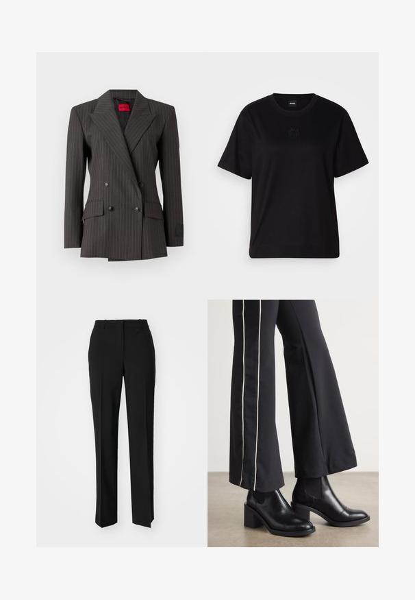 Mörkgrå dubbelknäppt kavaj med ett randigt mönster. Har stora slag, svarta knappar och sidofickor. Etikett synlig inuti.; Svart bomullströja med rund halsringning, korta ärmar och en broderad logotyp på bröstet. Enkel, avslappnad passform utan mönster.; Svarta skräddarsydda byxor med rak benform, med en slät yta och skarpa veck fram. Ingen synlig hårdvara.; Svarta läderankelboots med klack, med elastiska sidopaneler. I kombination med svarta byxor som har en vit sidostrip.