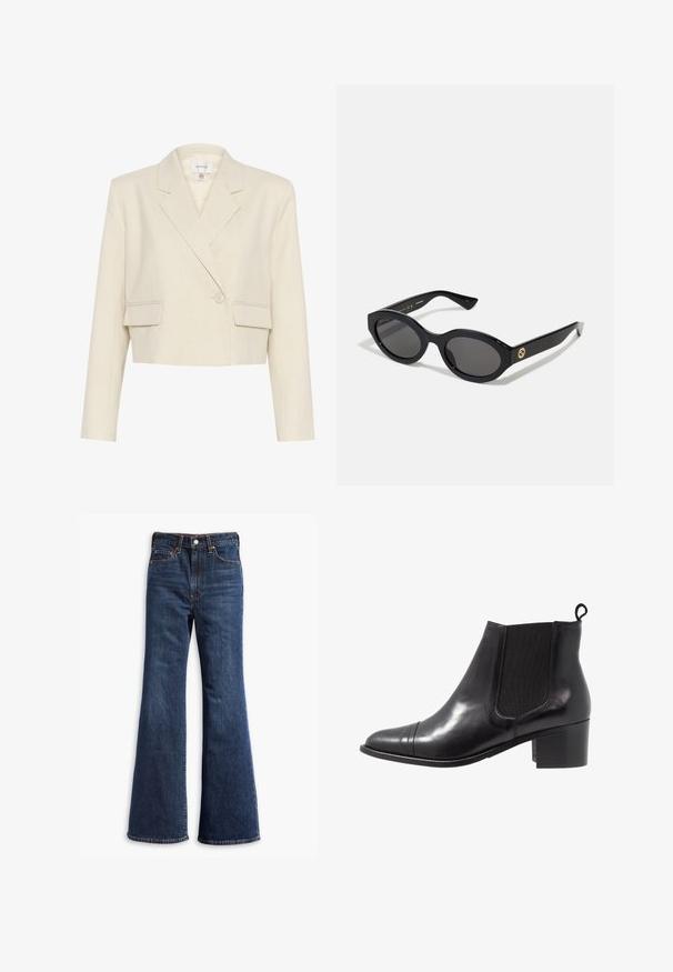 Cropped beige blazer in a textured fabric, featuring a double-breasted front, notched lapels, and two front pockets.; Black sweatshirt featuring two horizontal cream stripes, ribbed neckline, and logo at the center. Cuffs have similar stripe detail.; High-waisted dark blue denim jeans with flared legs, front button and zipper closure, and five-pocket design.; Black leather ankle boot with elastic side panels, round toe, and textured block heel. Features a looped pull tab at the back for easy wear.; Black oval sunglasses with dark lenses and glossy plastic frame. Features gold logo on the temple, offering a sleek and modern design.