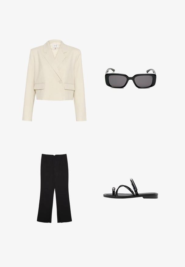 Beige bleiseri, jonka kangas on teksturoitu ja joka on lyhennetty, sisältää tuplatakkisen etuosan, viistot läpät ja kaksi etutaskua.; Musta hihaton crop-top, joka on valmistettu sileästä kankaasta, jossa on pyöreä kaula-aukko ja siisti, yksinkertainen muotoilu ilman kuvioita tai varusteita.; Mustat housut suoralinjaisella leikkauksella, joissa on etutaskut ja sivurei'ät helman alla. Valmistettu pehmeästä ja sileästä kankaasta. Sopii eri tilaisuuksiin.; Mustat litteät sandaalit, joissa on kiiltävä pinta, kolme ohutta hihnaa ja pyöreä metalliosuus varpaissa. Tyylikäs muotoilu, jossa on minimaalinen kantapää.; Mustat suorakulmaiset aurinkolasit tummilla linsseillä, sileä muovikehys ja kaarevat templet. Suunnittelu on jykevä ja minimalistinen.