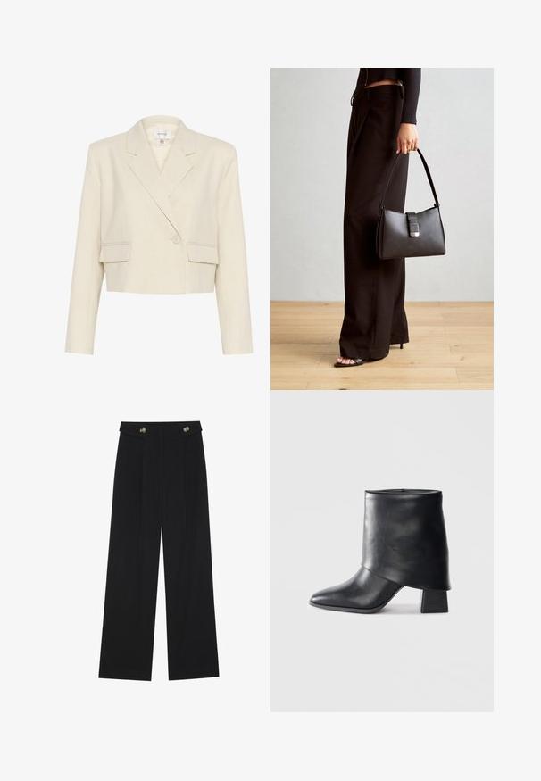 Lühi hall bleiser tekstuurses kangas, millel on topelt nööbid, sakilised kraed ja kaks esikotid.; Mustsärgid musta tooniga, pika varrukaga, flöödid käised, pehme tekstuur ja vabalt langev lõige, lihtsa ümaraga kaelusega.; Mustad laiad püksid kõrge vöökoha ja nööpdetailidega vööandil, esikortsudega.; Mustad nahast pahkluuring, millel on terav varvas, sile tekstuur ja struktureeritud plokknakk. Omab kõrget, volditud suud.; Must musta kott, millel on struktureeritud kuju, sile tekstuur ja metallist klamber. Kombineeritud laiate mustade pükstega ja avatud varvaste sandaalidega puidust põrandal.