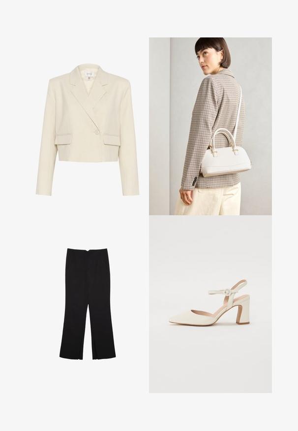 Beskrivning av en beige kavaj i en texturerad tyg, med dubbelknäppt front, kantslag och två framfickor.; Vit kortärmad t-shirt i mjukt tyg. Har en rundad halsringning och en något boxig form. Slät textur, minimal detaljering.; Svarta byxor med rak passform, utrustade med framfickor och sidoklyvningar vid fållen. Tillverkade av mjukt, slätt tyg. Lämpliga för olika tillfällen.; Spetsig tå, krämfärgad pumpsko med klack av blocktyp. Har en tunn ankelrem med en rund spänne och en slät lädertextur.; Vitt strukturerat handväska med korta handtag och en axelrem, med gyllene detaljer och texturerat material, visad mot en grå bakgrund.