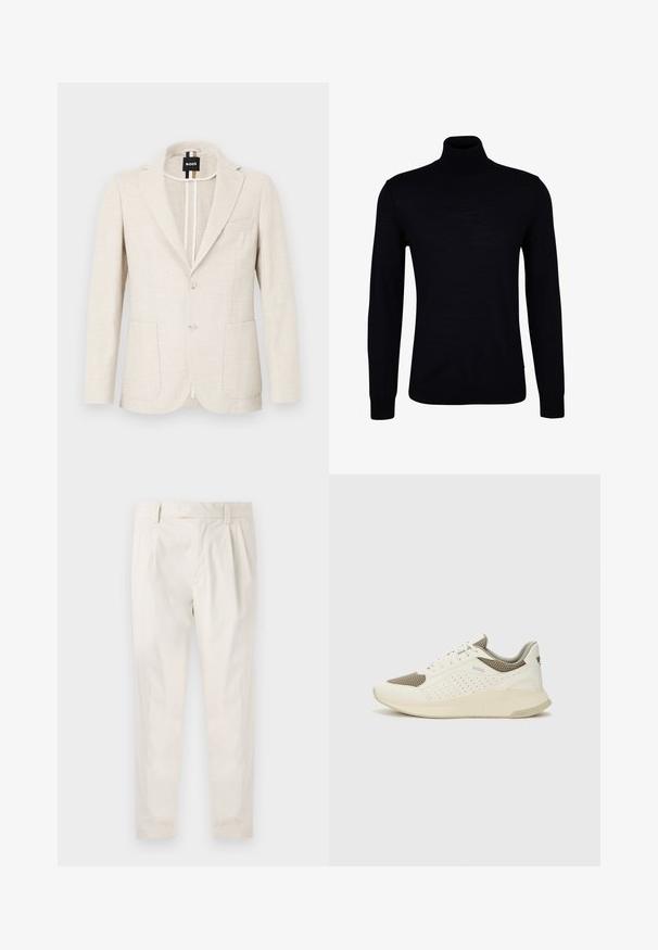 Světle béžový blazer vyrobený z texturované tkaniny, s klopovým límcem, zapínáním na dva knoflíky a dvěma předními kapsami. Viditelná designerská etiketa uvnitř.; Černý rolák z hladkého pleteného materiálu. Má dlouhé rukávy, přiléhavý límec a žebrované manžety a lem pro těsný střih.; Bílé, plisované kalhoty s upraveným střihem, které mají hladkou texturu, poutka na opasek a zúžené nohavice. Bez viditelných kapes nebo vzorů.; Bílé a světle béžové atletické tenisky, které mají síťovaný svršek, perforované detaily a texturovanou mezipodešev s logem na patě.