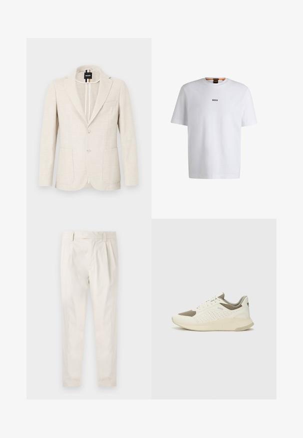 Helebeež blazer tekstureeritud kangast, millel on lõhikuga krae, kahe nööbiga sulgemine ja kaks eesmist taskut. Disaineri silt nähtav seest.; Valge puuvillane T-särk lühikeste varrukatega, millel on must "BOSS" logo, mis on keskendatud rinnale, ja ümmargune kaelaava disain.; Valged volditud püksid, mis on kohandatud sobivusega, sujuva tekstuuriga, vööloopidega ja kitsenevate jalgadega. Pole nähtavaid taskuid ega mustreid.; Valge ja heledat beeži värvi spordijalats, millel on õhuke võrkmaterjal, perforatsioonidega detailid ning tekstuuriga vahetald, millel on brändi logo kannaosas.