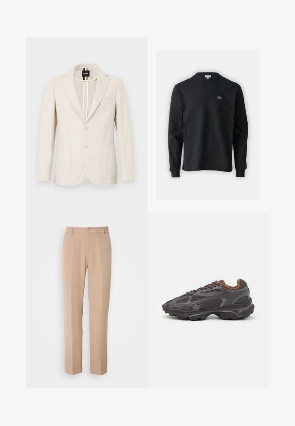 Gai bēšs žakets, izgatavots no teksturētas auduma, ar iegrauztu apkakli, divu pogu aizdari un diviem priekšējiem kabatām. Dizainera marķējums redzams iekšpusē.; Melna garām piedurknēm t-krekls, izgatavots no kokvilnas, ar apaļu kakla izgriezumu un mazu zaļu izšūtu krokodila logo kreisajā krūtī.; Bēgi bikses, kas izgatavotas no gludas auduma, ar taisnu kāju dizainu, priekšējo pogu aizdari un smalkiem krokām gar priekšpusi.; Lacoste kedas tumši pelēkā krāsā ar acu audumu un sintētisko materiālu, ar teksturētu zoli un brūniem akcentiem apkaklītē un zīmola uzrakstā.