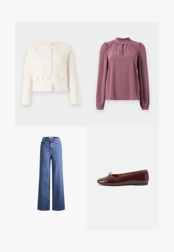 Bijela skraćena jakna od teksturiranog materijala, s okruglim izrezom, prednjim kopčanjem na dugmad i dvije zakrpane džepove s dugmadi.; Bluzica dugih rukava u mauve boji s naboranim ovratnikom, izrezom u obliku ključa s kopčanjem na dugme i blago napuhanim ramenima.; Svijetloplavi traper široki traperice s visokim strukom, dva prednja džepa i vidljivim šavovima. Imaju kopčanje na gumb i patentni zatvarač.; Burgundska lakirana balerinka s zaobljenim vrhom, malim mašnom sprijeda i niskom, crnom gumenom potplatu. Glatka tekstura.