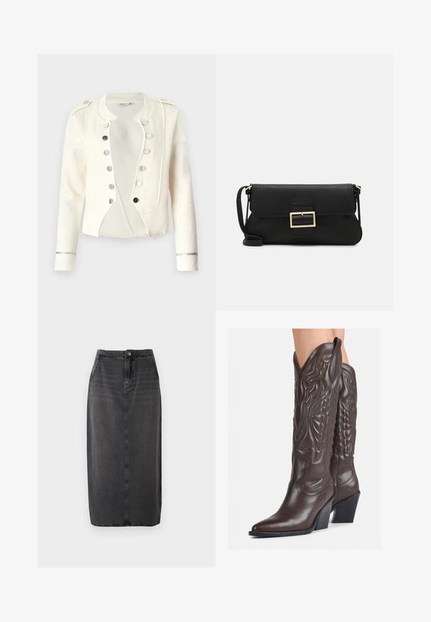 White wool blend jacket featuring a cropped design, silver buttons, and metallic accents on the sleeve cuffs. Smooth texture with structured shape.; ONLY ONLSARA GLITTER - Cardigan - pumice stone/black/gold glitter; White sleeveless tank top made of ribbed fabric, featuring a rounded neckline and a fitted silhouette, with minimal seams and no embellishments.; Black denim midi skirt with a straight cut, front button closure, and side pockets. Features a smooth texture and subtle fading.; Brown leather cowboy boots with pointed toe and block heel, featuring detailed stitching and raised accents on the shaft.; Black leather clutch bag with a flap and a gold metal buckle detail. Includes a black strap and a sleek, minimalist design.