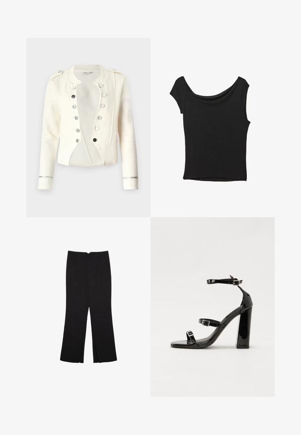 Veste en mélange de laine blanche avec un design court, des boutons argentés et des accents métalliques sur les poignets. Texture lisse avec une forme structurée.; Haut noir à manches courtes en tissu lisse ; il présente un col drapé et un ourlet asymétrique, avec un corps ajusté.; Pantalon noir avec une coupe droite, doté de poches avant et d'éclairs sur l'ourlet. Fabriqué en tissu doux et lisse. Convient à diverses occasions.; Sandales à talons vernies noires avec un bout carré, des sangles autour de la cheville et des boucles en argent. Dotées d'un talon bloc épais pour plus de stabilité.