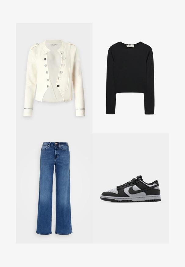 Jaket od bijele vune s dodatkom, s krojenjem iznad struka, srebrnim gumbima i metalnim detaljima na manžetama. Glatka tekstura s strukturiranim oblikom.; Crna kratka majica dugih rukava od lagane tkanine, s okruglim izrezom i prilagođenim siluetom, s čistim šavovima i bez ukrasa.; Mid-plave traperice visokog struka s širokim nogavicama, na prekid s gumbom i zipom, te prednjim i stražnjim džepovima, na jednostavnoj svijetlosivoj pozadini.; Crne i sive Nike Dunk niske tenisice s perforiranim prstom, glatkim kožnim detaljima i gumenim potplatom s teksturiranim uzorkom.