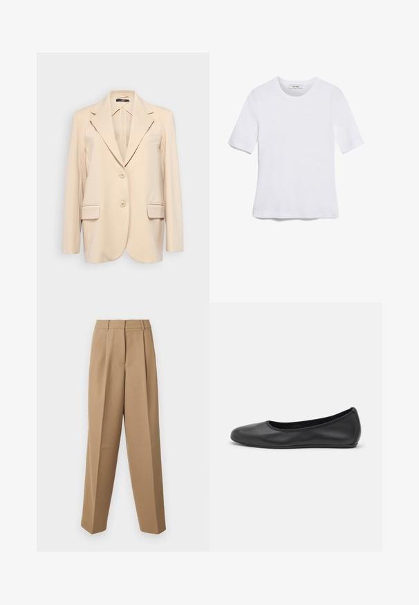 Blazer beige ajusté en tissu lisse, avec un col cranté, deux poches avant, deux boutons et une poche poitrine.; T-shirt blanc à manches courtes en tissu côtelé. Col rond, coupe régulière et détails de couture subtils. Aucune motif ni graphique.; Pantalons beige ajustés avec une taille haute, une devant plissé et une coupe évasée. Le tissu semble lisse avec un léger éclat.; Ballerines en cuir noir avec un bout rond, texture lisse, détails de couture minimalistes et design de semelle flexible.
