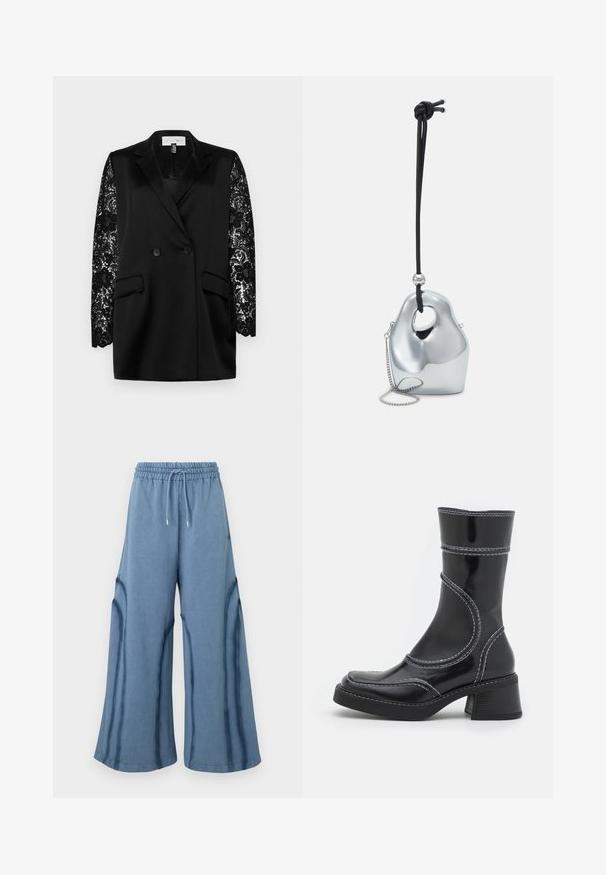 Svart kavaj med dubbelknäppning och två framfickor; har långa spetsärmar med blommönster. Slät satinkänsla.; Ljusgrå hoodie i mjukt tyg, med en framficka av typ kangaroo, justerbar huva och ribbade ärmslut och nederkant.; Blå vida byxor med elastisk midja och dragsnodd, med sömdetaljer längs benen.; Svart lackläder ankelboot med vit sömnad, rund tå och blockklack. Har böjda designlinjer och en slät textur.; Sölvmetallisk handväska med en unik, slät, organisk form. Har ett svart snöre och en liten kedja för mångsidiga bäralternativ.