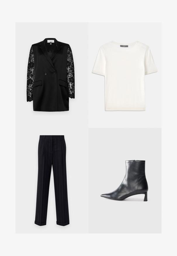 Blazer preto com fecho duplo e dois bolsos frontais; possui mangas longas de renda com padrão floral. Textura satin lisa.; Top de malha branco, de mangas curtas, com decote redondo, apresentando uma textura suave e discretos realces canelados nas mangas e na barra.; Calças pretas risca de giz com um ajuste sob medida, apresentando uma bainha com dobra e pregas frontais. Feitas de um tecido suave com um design estruturado.; Bota de tornozelo em pele preta com biqueira apontada e um design elegante. Apresenta um salto baixo e um fecho com zipper na parte de trás. Textura suave.